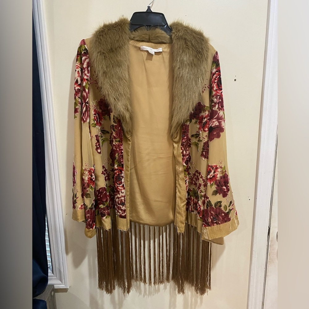 Boston Proper Vintage Kimono w/ Faux Fur Neckline Adorned w Tassels at Hemline